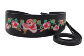 Wide Black Faux Leather Wrap Around Tie Fashion Belt Hip Waist Flowers S M